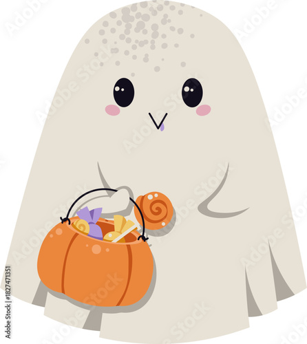Cute Ghost with Candy Bag Flat Vector Illustration Isolated on White. Halloween Character for Trick or Treat Designs, Party Invitations, Stickers, Sweet Themed Decor. Playful Festive Style.