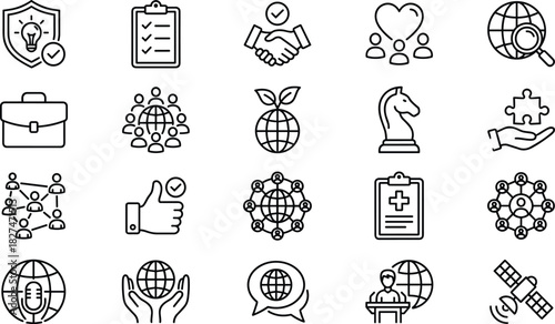 Business and Global Strategy Icon Set, Vector Ethics, Corporate Social Responsibility, Diplomacy, Communication, and World Collaboration Symbols