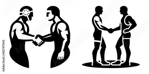 Wrestlers Handshake Silhouette Black and White Sport.