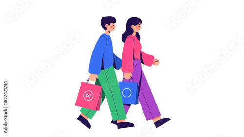 Stylish couple enjoying retail therapy with vibrant shopping bags, showcasing consumerism and modern lifestyle trends, perfect for advertising and e-commerce
