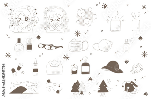 Brown allergy prevention items and spring pollen illustration set
