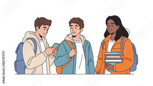 Diverse students heading to class, ready for learning and success, showcasing friendship and modern campus life, ideal for educational materials