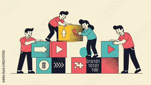 Teamwork building success with data and innovation, collaborative strategy for business growth, modern team constructing creative solutions together, originally vector