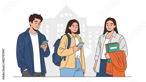 Excited students connect on campus with smartphones and books, ready for learning and bright futures, vector graphics for scalable designs