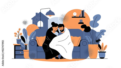Cozy at Home: A couple snuggled under a blanket on the sofa, enjoying a calm moment, conveying warmth, connection, and togetherness in modern living space