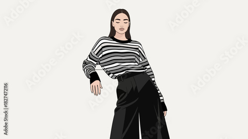 Stylish woman with a striped sweater and black pants, eyes closed, radiating effortless chic and modern fashion sense, perfect for lifestyle and fashion blogs