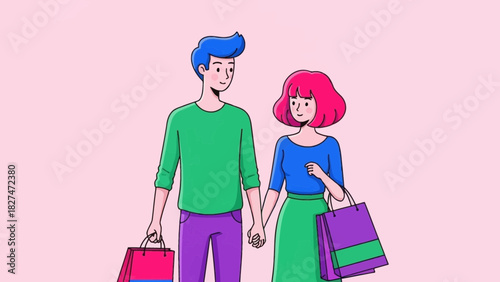Stylish couple enjoying retail therapy with shopping bags, perfect for ads, blogs, and social media about fashion, relationships, and modern lifestyle