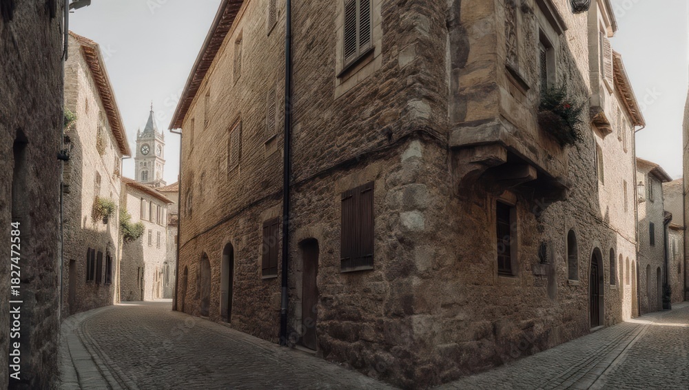 Fototapeta premium Ancient Stone Buildings Lining a Cobblestone Street in a European Town.