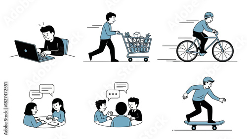 Everyday active lifestyle icons showing online work, shopping, riding a bike, skateboarding, and collaboration for engaging modern lifestyle designs