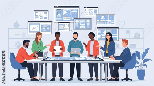 Dynamic team collaborating on website design brainstorming session, ensuring user experience and innovative interfaces for modern digital solutions online presence