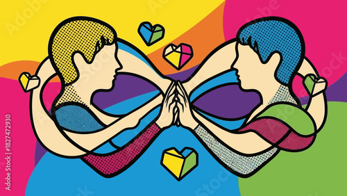 Vibrant pop art style illustration of two figures connected by an infinity symbol, celebrating love, unity, and partnership, perfect for modern designs