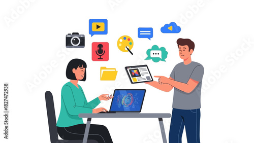 Creative team collaborating on digital marketing strategy with laptop and tablet, brainstorming ideas for social media content and online campaigns