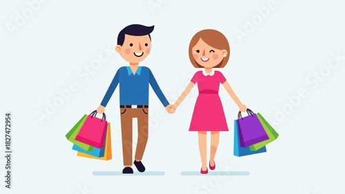 Adorable couple holding hands after shopping spree, carrying colorful bags full of purchases, enjoying retail therapy in a fun, modern style