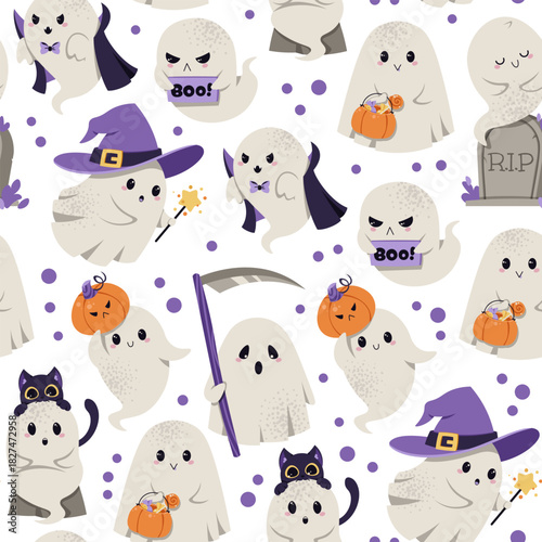 Halloween Seamless Pattern with Cute Ghost Vampire, Witch, Reaper, Tombstone, Pumpkin, Cat, Candy Seamless Pattern. Repeat Background for Textile, Party Decor, Gift Wrap and Festive Design.