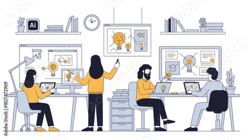 Creative team brainstorming innovative ideas in modern open office, digital designers collaborating, lightbulb concept, dynamic teamwork and professional vibe