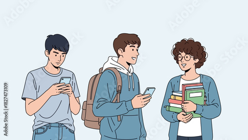 Happy students chatting online and carrying books, enjoy university life, use smartphones to browse social media, study group, friends learning together