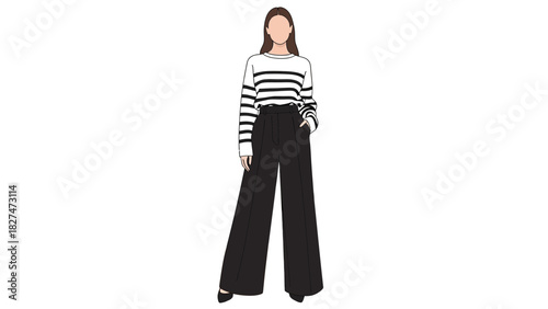 Striking fashion illustration of a woman in stylish striped sweater and wide-leg trousers, perfect for lifestyle blogs or fashion marketing campaigns
