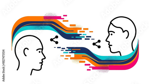 Dynamic communication exchange between two individuals shown with vibrant colorful visuals, perfect for illustrating connection, conversation and collaboration concepts