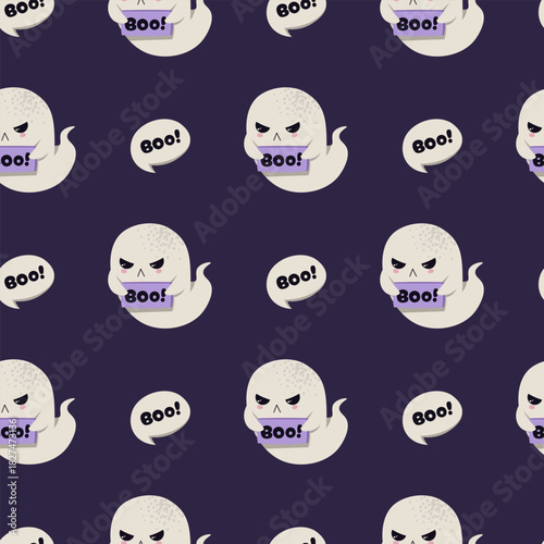 Cute Ghost Holding Boo Sign Seamless Pattern. Halloween Spooky Text Background for Textile, Party Decor, Gift Wrap, Scrapbooking and Festive Design