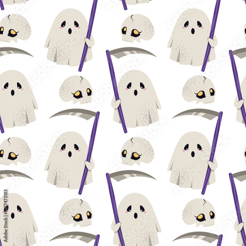 Cute Ghost with Scythe and Human Skull Seamless Pattern. Halloween Repeat Background for Textile, Gift Wrap, Party Decor, Scrapbooking and Festive Design
