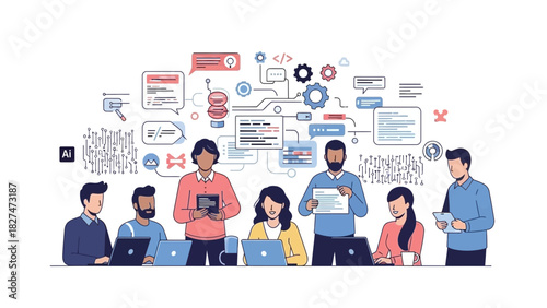 Dynamic team collaborates online for software development, creating innovative solutions, perfect for tech startups and agile project management promotions