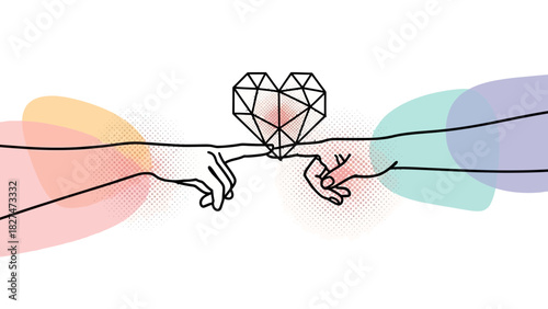 Geometric heart connecting two hands, symbolizing love, connection, and unity with a touch of modern artistry, ideal for Valentine's or relationship themes