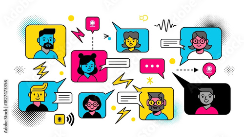 Vibrant team collaboration with lively online meeting, connecting diverse voices through virtual discussion, ideal for modern communication and teamwork promotion