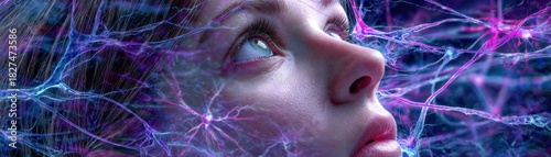 A surreal image of a girl gazing upwards, surrounded by intricate, vibrant neural connections and glowing patterns.