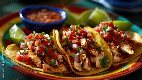 Delicious Chicken Tacos with Fresh Salsa and Lime on Colorful Plate