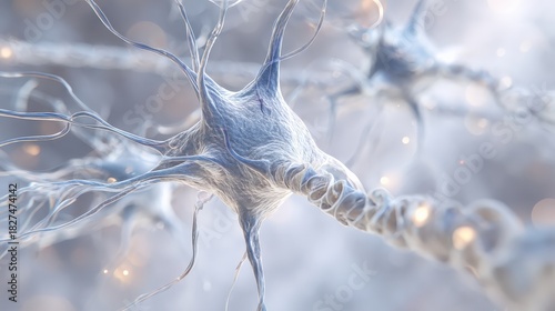 A close-up view of neurons showcasing their intricate structure and connections, set against a blurred background with subtle lighting.