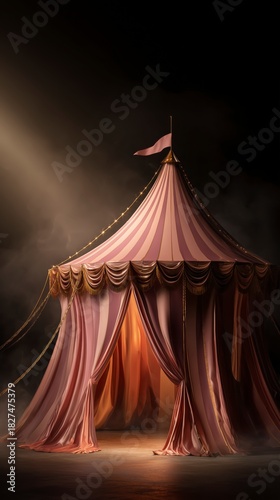 Enchanting Circus Tent: A captivating circus tent, draped in elegant pink hues, stands bathed in a mysterious spotlight, hinting at an enchanting spectacle within. 