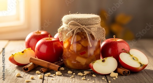 A rustic still-life display featuring a burlap-covered jar containing homemade apple compote, surrounded by fresh red apples, cinnamon sticks, and scattered crumbs