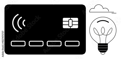 Bank card with wireless signal, chip, light bulb representing ideas, and cloud. Ideal for finance, innovation, technology, online payment e-commerce startup and connectivity themes. Simple flat