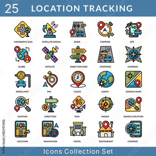 Location Tracking icon set collection in flat line style. an icon pack contain road, compass, gps, globe, satelite, direction sign, overtake, speed limit, pin, clock