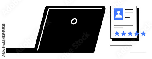 Laptop beside a document featuring a user profile and five-star rating, representing online reviews, digital identity, and user evaluation. Ideal for digital security, reputation management, online