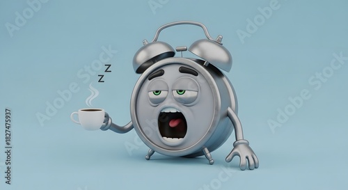 Sleepy Alarm Clock Character Yawning and Holding Coffee