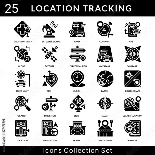 Location Tracking icon set collection in solid glyph style. an icon pack contain road, compass, gps, globe, satelite, direction sign, overtake, speed limit, pin, clock