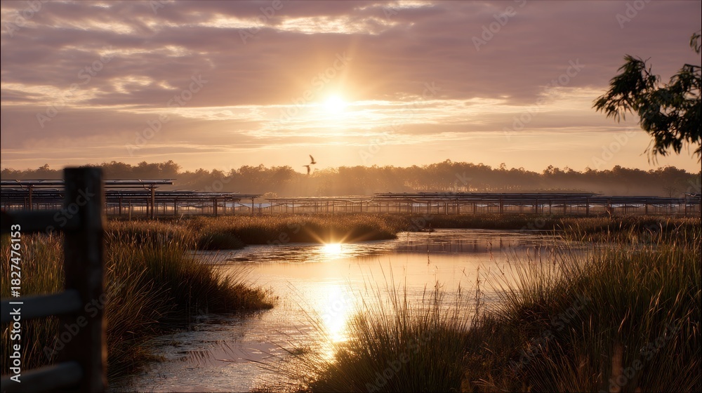 Fototapeta premium Serene Sunrise Over Tranquil Marshland with Gentle Reflections and Subtle Color Gradients in the Sky