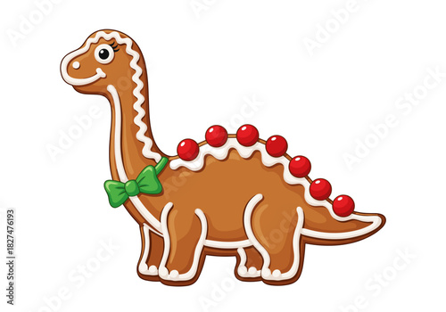 Adorable Gingerbread Brontosaurus Cookie with Red Candy Spines and Green Bow Tie – Festive Dino Art