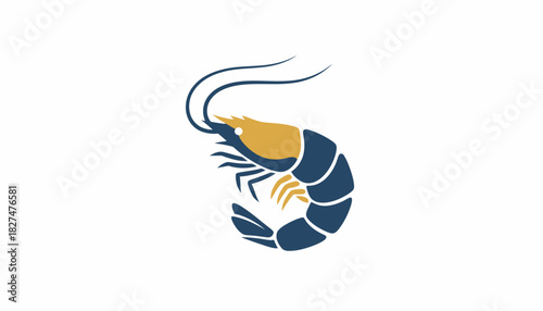 A stylized illustration of a shrimp with a dark blue body and a golden head, set against a white background.