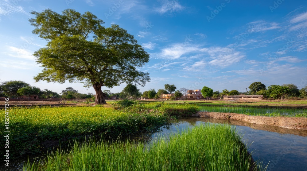 Fototapeta premium Serene Rural Landscape with Lush Green Rice Fields and Majestic Tree Under Blue Sky