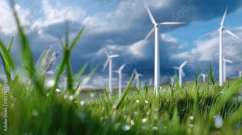 Wind Turbines in Green Grass Field Under Dramatic Clouds with Blue Sky and Sunlight Reflections on Dewy Grass Blades