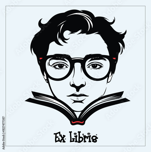 053-15-Boy face wearing glasses reading an open book with ex libris text