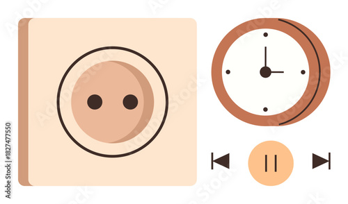 Power socket, wall clock with hands, and media control buttons for play, pause, rewind. Ideal for technology, time management, energy productivity simplicity design concepts digital tools. Simple