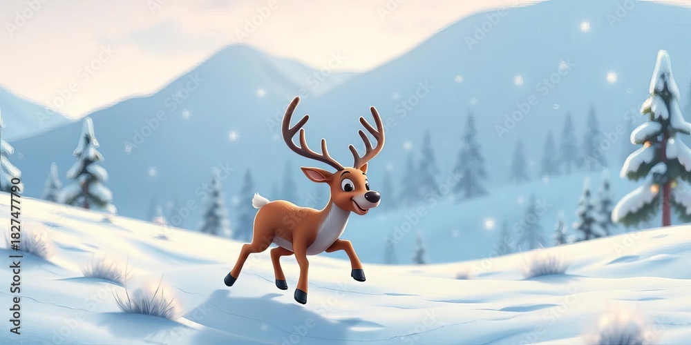 Naklejka premium Cartoon reindeer frolicking in a snowy anime landscape, northpole, bright