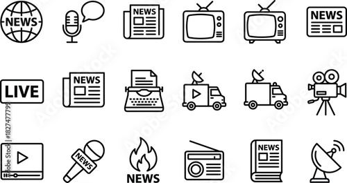 News and Media Icon Set, Vector Journalism and Broadcast Symbols: Live TV, Microphone, Newspaper, Camera, Radio, and Global News