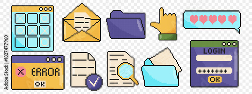 Pixel art vaporwave UI set. 8 bit UX elements. Old school vintage game graphic.