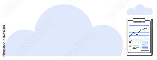 Cloud storage icon paired with data analytics clipboard featuring a growth chart and metrics. Ideal for innovation, statistics, progress tracking, cloud technology, business planning, growth