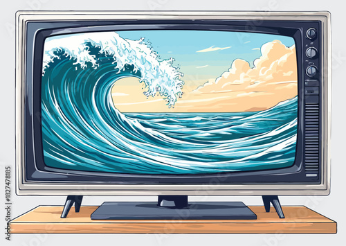 053-26-Vintage tv showing a big ocean wave on screen, representing natural forces and media
