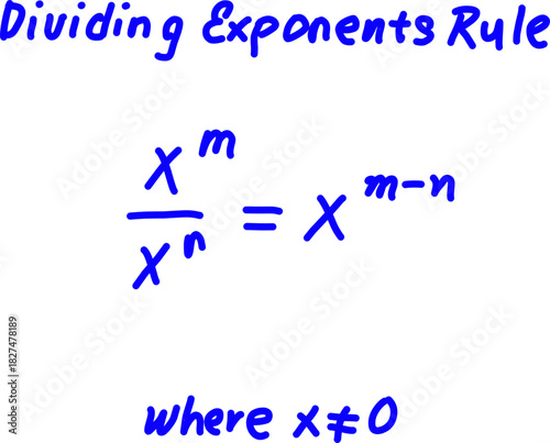 Handwritten math formula showing dividing exponents rule. Clear blue ink educational design for algebra learning, teaching materials, posters and study guides.
